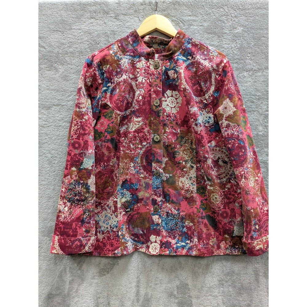 Boho Paisley Button Up Jacket Women X Pink Floral Mandala Stretch Cotton Coat